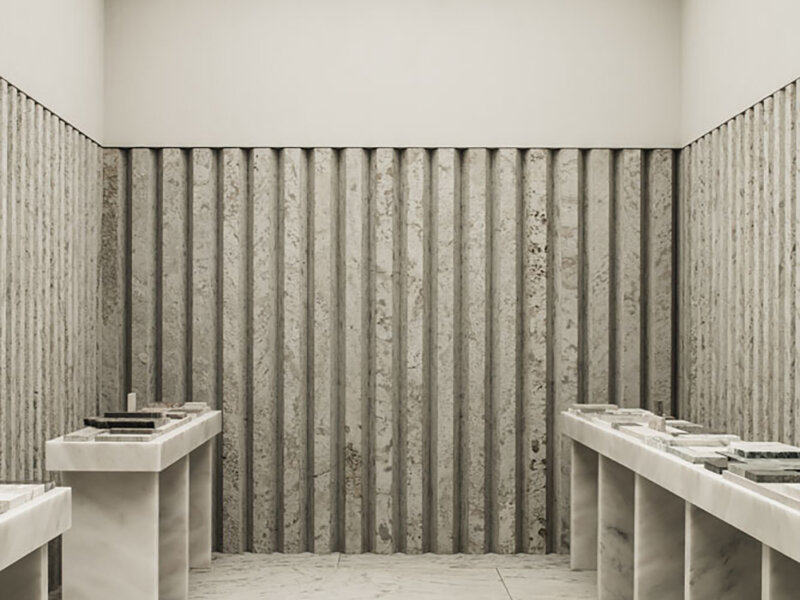 Scenografie op de Biennale Interieur door Nicolas Schuybroek. Rifine sereen beursinterieur.